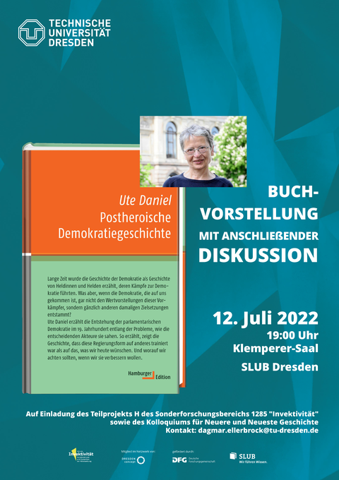 Plakat, grüner Hintergrund, im Vordergrund das Buchcover in Orange und hellgrün, dazu ein Profilfoto von Ute Daniel