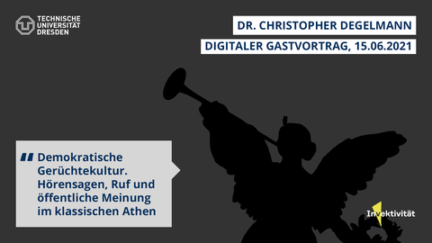 Share Pic zum Vortrag von Christopher Degelmann, schwarze Silhouette der Dresdner Skulptur Fama vor dunkelgrauem Hintergrund
