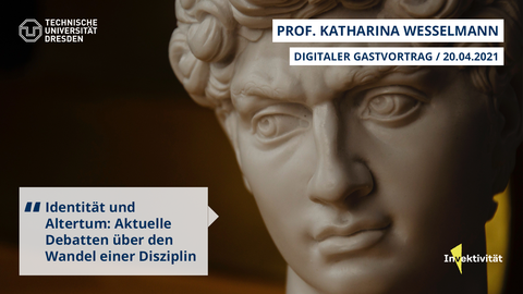 Share Pic zum Vortrag von Katharina Wesselmann über Identität und Altertum. Zu sehen ist der kopf einer antiken Skulptur, Schwerpunkt auf den Augen mit skeptischem Blick und einer gerunzelten Stirn