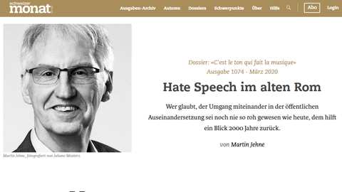 Ausschnitt aus einem Zeitungsartikel über Hate Speech im alten Rom, Martin Jehne im Schweizer Monat
