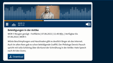 Screenshot der Website mit dem Titel des Audio-Beitrages und einer Büste von Cicero