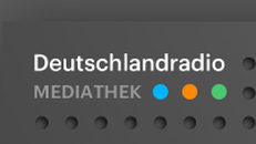 Logo Deutschlandradio Mediathek, weiße Schrift auf grau