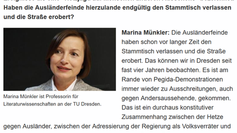 "Chemnitz: 'Leute agieren unglaublich enthemmt'", ein Interview mit Marina Münkler im NDR  vom 27.08.2018