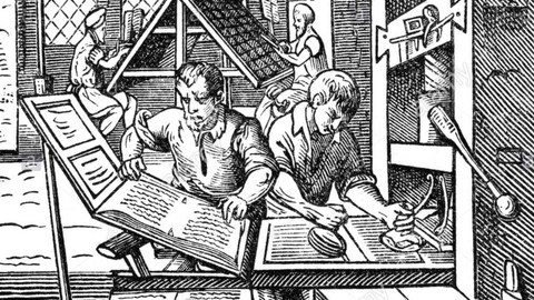 frühneuzeitliche Druckgrafik: Innenansicht einer Druckwerkstatt