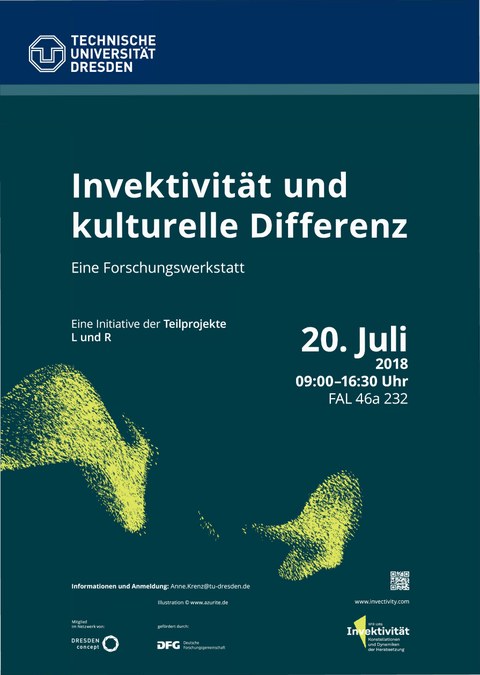 Poster: Auf dem Hauptlayout des SFB (blau-grüner Hindergrund) steht groß "Invektivität und kuturelle Differenz" sowie darunter etwas kleiner "20. Juli 2018" geschrieben.