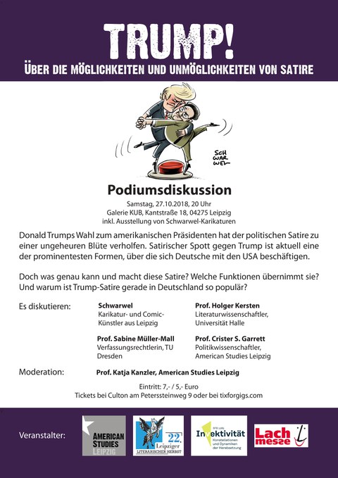 Programmposter: Oben ist eine Karikatur von Trump mit einem großen Hut zu sehen. Der Hut ist blau und rot mit weißen Sternen. Unter Trump sind Informationen zum Programm abgebildet, die auch noch einmal auf der Website erscheinen.