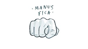 Bild einer sogenannten Manus Fica, also einer obszönen Geste, bei der der Daumen zwischen Zeige- und Mittelfinger hindurchgesteckt wird, während der Rest der Hand eine Faust ballt. Das Bild ist weiß im Comic-Stil.