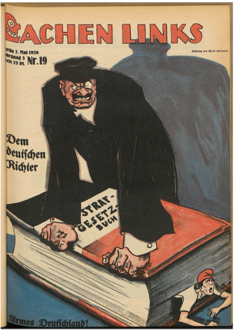 Cover der Satirezeitschrift "Lachen Links" von 1926. Richter zerquetscht Michel mit Strafgesetzbuch