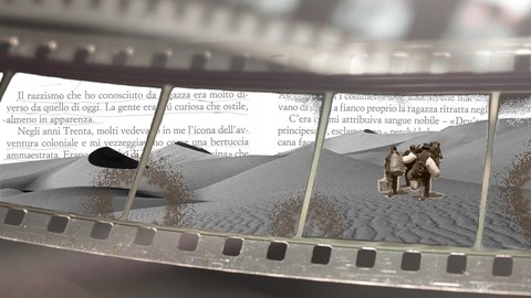  Bild einer Filmrolle, darauf zu sehen eine Wüste und ein italienischer taxt als Collage