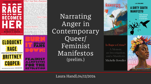 Powerpoint title Slide with the titles Narrating Anger in contemporary queer/feminist manifesto (prelim.) by Laura Handl