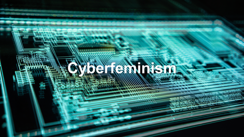 cyberfeminism in white letters in front of a stilizied blue electronic chip with a black background