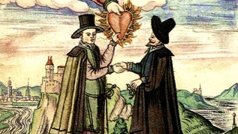 Bild zweier Männer, die sich mit Handschlag begrüßen und einer dabei das Flammende Herz Gottet im Himmel ergreift