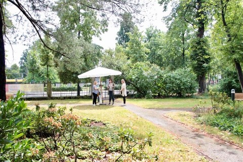 A parasol is on a green meadow. Three women are standing under the sunshade. Branches of trees reach into the picture.
