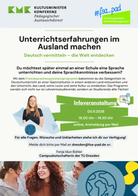 Poster zur Infoveranstaltung Fremdsprachenassistenz vom PAD am 03.11.2026