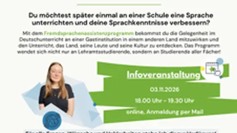 Poster zur Infoveranstaltung Fremdsprachenassistenz vom PAD am 03.11.2026