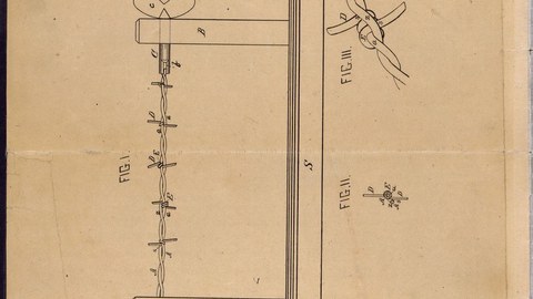 yellowed sheet of paper with a drawing of barbed wire and descriptions