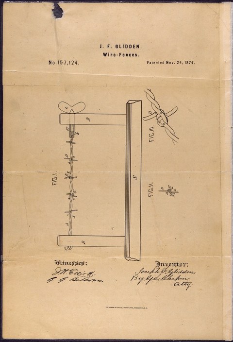 yellowed sheet of paper with a drawing of barbed wire and descriptions