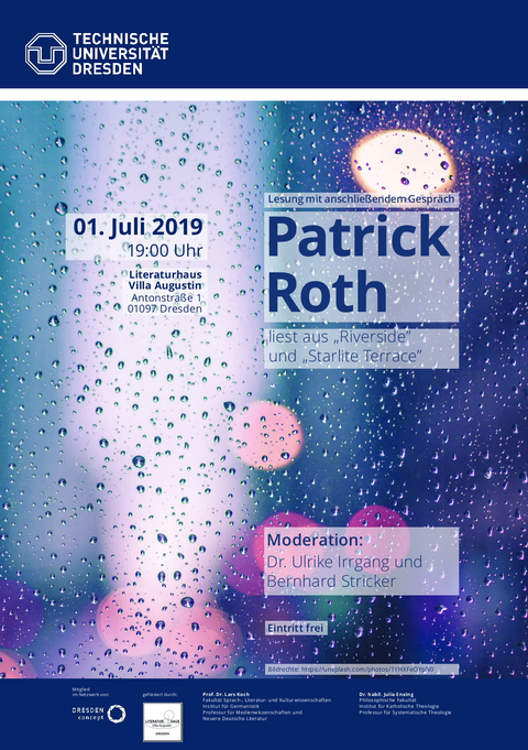 Plakat Patrick Roth liest aus "Riverside" und "Starlite terrace" am 1.7.2019 an der TU Dresden.