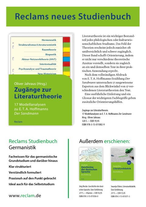Ankündigung von Reclams neuem Studienbuch "Oliver Jahraus (Hrsg.): Zugänge zur Literaturtheorie", Reclam 2016.