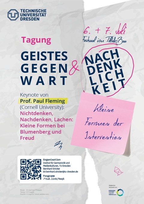 Plakat zur Tagung "Geistesgegenwart und Nachdenklichkeit. Kleine Formen der Intervention" am 6.-7. Juli 2023