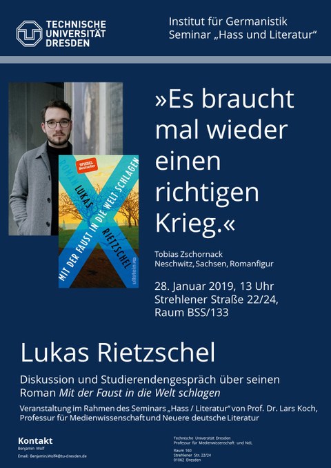 Plakat zur Ankündigung von Diskussion und Studierendengespräch mit Lukas Rietzschel am 28.01.19