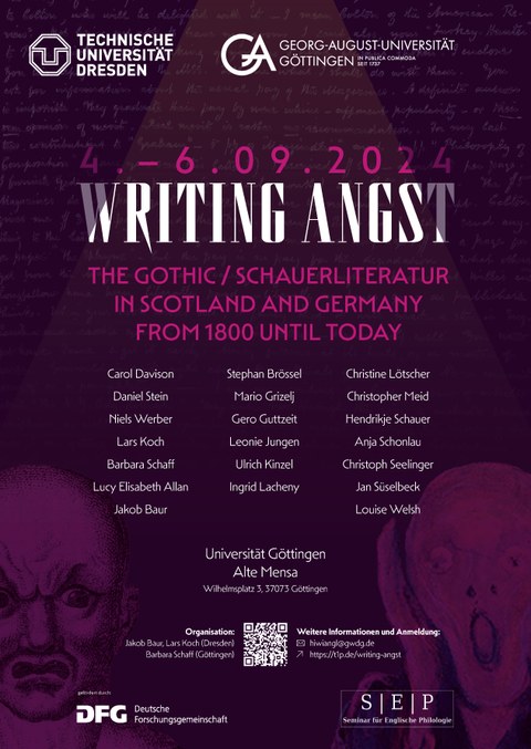 Plakat zur Tagung "Writing Angst. The Gothic / Schauerliteratur in Scotland and Germany from 1800 until today", 4.-6.9.24 in Göttingen