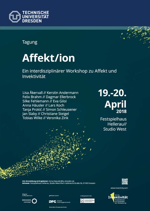 Plakat zur Ankündigung der Tagung "Affekt/ion. Ein interdisziplinärer Workshop zu Affekt und Invektivität" am 19. bis 20. April 2018 im Festspielhaus Hellerau//Studio West