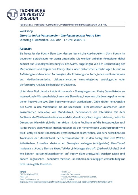 Workshop von DRESDEN Fellow Dr. Peter Clar "Literatur im/als Versammeln – Überlegungen zum Poetry Slam" am 4.12.18