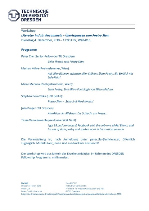 Workshop von DRESDEN Fellow Dr. Peter Clar "Literatur im/als Versammeln – Überlegungen zum Poetry Slam" am 4.12.18