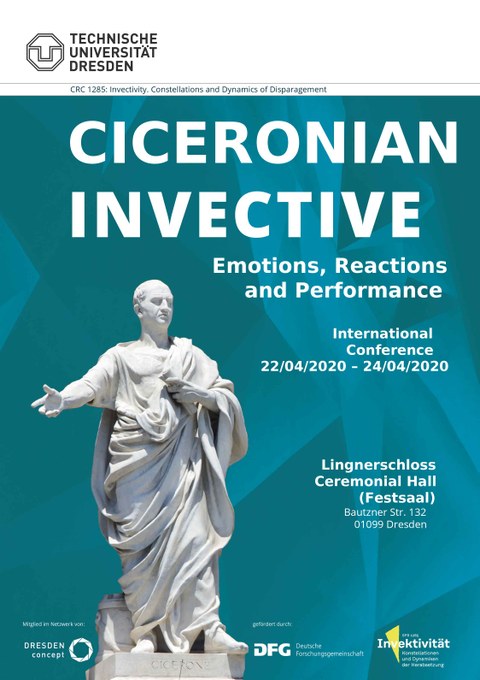 Poster mit den Informationen zur Veranstaltung. Daneben eine Marmorstatue mit der Aufschrift: Cicerone.