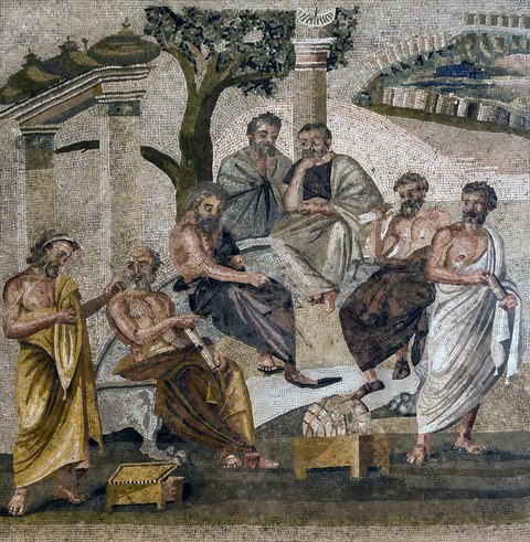 Platons Akademie auf einem Mosaik aus Pompeii. Männer sitzen unter Säulen und einem Baum und diskutieren.