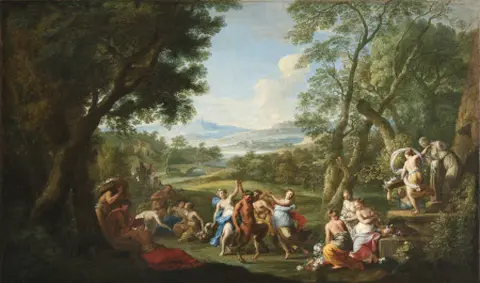 Landschaftsgemälde mit Gruppe Menschen, die das Floralia-Fest feiern.