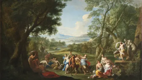 Landschaftsgemälde mit Gruppe Menschen, die das Floralia-Fest feiern.