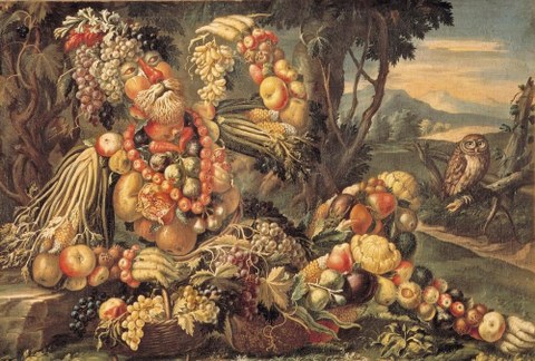 Porträt eines Liegenden, dessen Figur von drapierten Früchten suggeriert wird. Die Stimmung ist herbstlich. Künstler: Giuseppe Arcimboldo
