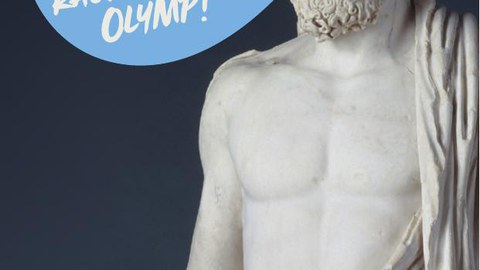 Marmorstatue eines Mannes mit einer Sprechblase: Sonntag unter Göttern. Runter von der Couch, rauf auf den Olymp!