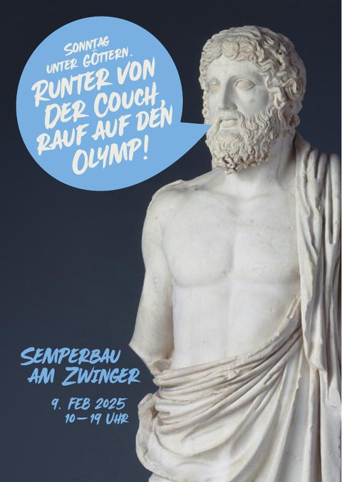 Marmorstatue eines Mannes mit einer Sprechblase: Sonntag unter Göttern. Runter von der Couch, rauf auf den Olymp!
