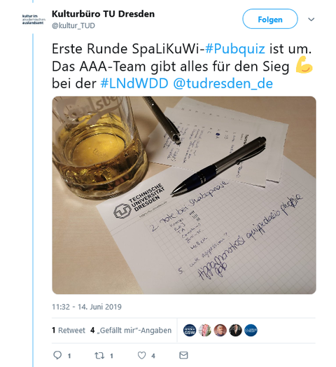 Tweet des Kulturbüros der TU Dresden zum Auftakt des Pubquiz der Fakultät SLK