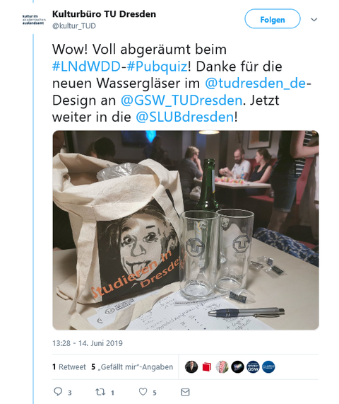 Die Mitglieder des Kulturbüros der TU Dresden twitterten über ihren Sieg beim großen Kneipenquiz der Fakultät SLK zur Langen Nacht der Wissenschaften 2019