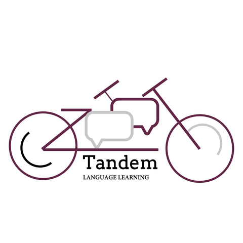 Vereinfachte lineare Darstellung eines Fahrrads mit zwei Lenkern, dazwischen Sprechblasen und darunter der Titel "Tandem Language Learning"