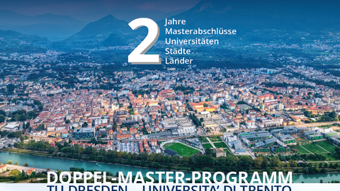 Stadt Draufsicht über Trento in blautönen, viele Berge ringsherum und die Stadt im Tal liegend. Im Himmel der Slogan "zwei Masterabschlüsse, zwei Universitäten, Städt und Länder"