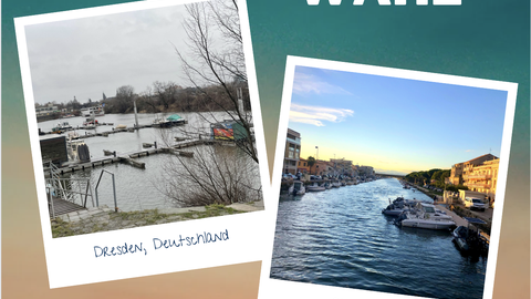 Das Bild zeigt zwei Fotos im Polaroiddesign. Links ist das Bild des Dresdner Hafens bei verregnetem Wetter zu sehen, rechts das Foto eines Kanals in der französischen Hafenstadt Sète bei Sonnenuntergang. Darüber stehzt: "Du hast die Wahl".