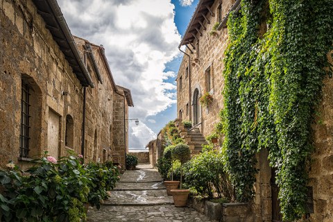 Gasse mit alten Häusern. bewachsenen Fassaden, Pflanzen und blauem Himmel