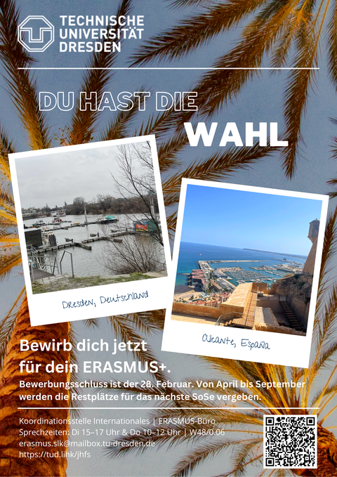 Das Bild zeigt ein Poster zur Bewerbung von ERASMUS-Aufenthalten. vor einem sonnigen Palmenhintergrund sind zwei Polaraid-Fotos zu sehen, links ein trübes, graues Dresden, rechts der sonnige Hafen von Alicante. Darüber steht in weißen, fetten Buchstaben: 