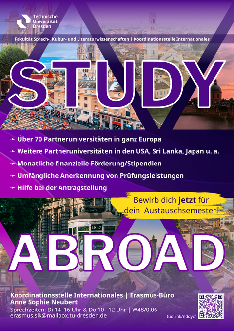 Das Bild zeigt das Werbeposter der Koordinationsstelle Internationales für das Wintersemester 2025/26. Zu sehen ist der große Schriftzug Study Abroad vor einer Collage aus Fotos von Städten, in denen sich Partnerunis der Fakultät SLK befinden.