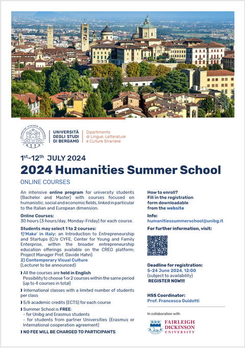Das Bild zeigt Informationen zur Humanities Summer School in Bergamo im Juli 2024