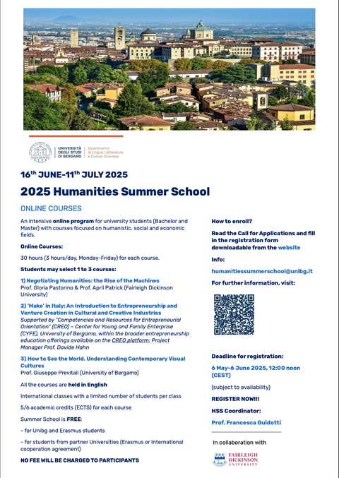 Auf dem Bild ist das Poster der Humanities Summer School in Bergamo zu sehen. Das Poster steht auch als PDF zum Download bereit.