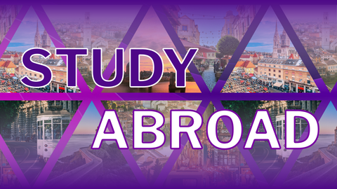 Auf dem Bild steht groß "Study abroad" vor Bildern verschiedener Städte.