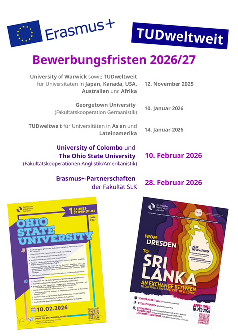 Das Bild zeigt eine Übersicht über die aktuellen Bewerbungsfristen für Studierendenaustausche im akademischen Jahr 2026/27.