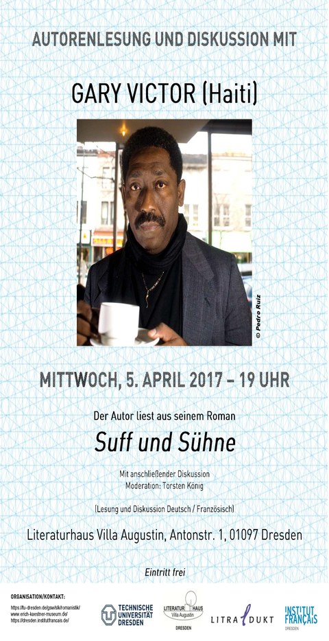 Plakat zur Lesung von Gary Victor (Haïti) am 05.04.17 im Literaturhaus Villa Augustin Dresden