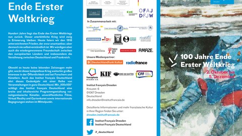 Flyer zur Veranstaltungsreihe des Institut français Dresden "100 x 100 - 100 Jahre Ende Erster Weltkrieg" Ende 2018, Seite 1